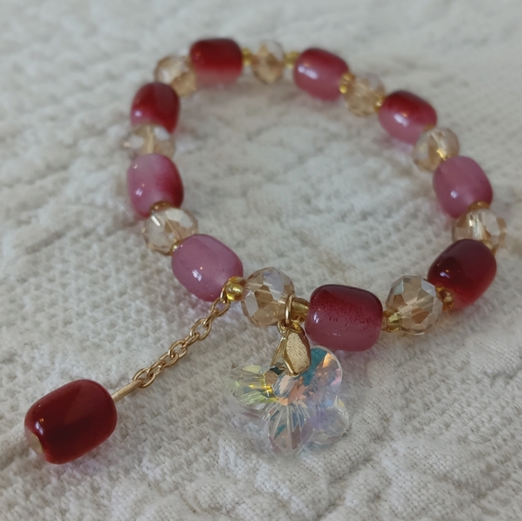 Elegant Pink Gold Beaded Charm Bracelet Set Crystal Pearl Swan Butterfly Girly - Picture 6 of 9